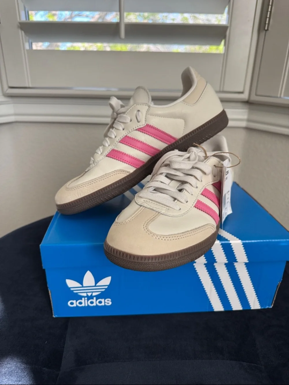 Womens Adidas Samba OG W Cream with Pink Stripes and Brown Sole - Picture 2 of 11